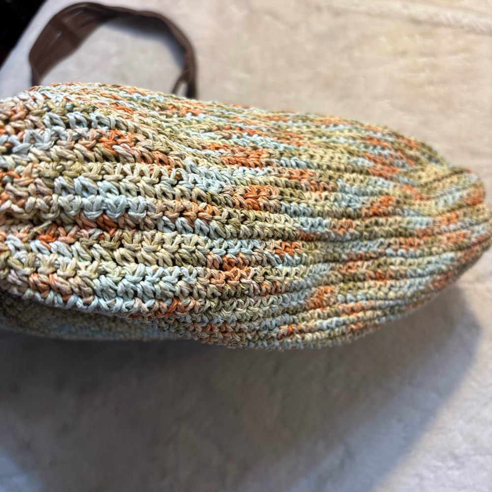 Express Knit Boho Bag Cream Orange Green Yellow Hobo Shoulder Bag Brown Straps - Picture 6 of 16
